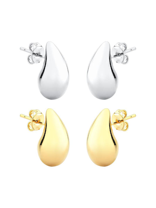 18k Gold Plated and Rhodium Curved Drop Earring Set featuring elegant teardrop designs in gold and silver