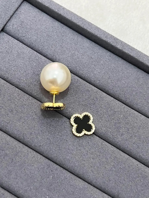 18k Gold Plated Black Clover Earring Studded with Pearl - Tamis Jewellery Ireland