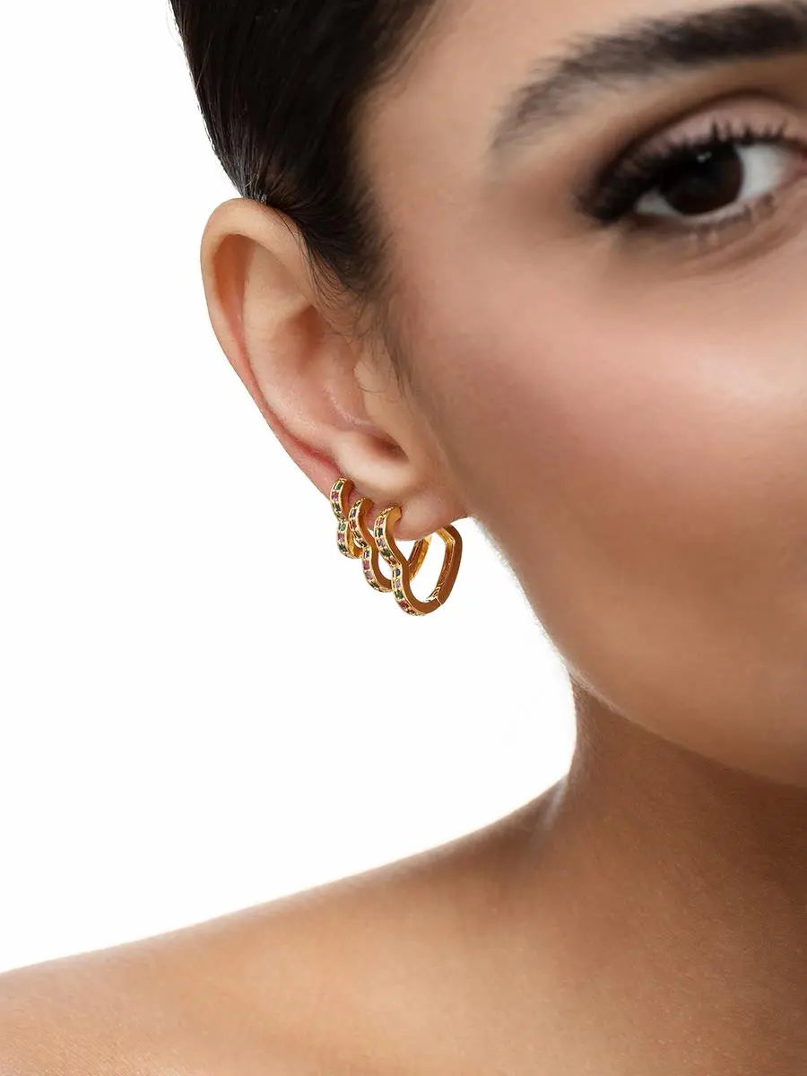 18k Gold Plated Colorful Studded Heart Hoop Trio - Tamis Jewellery Ireland