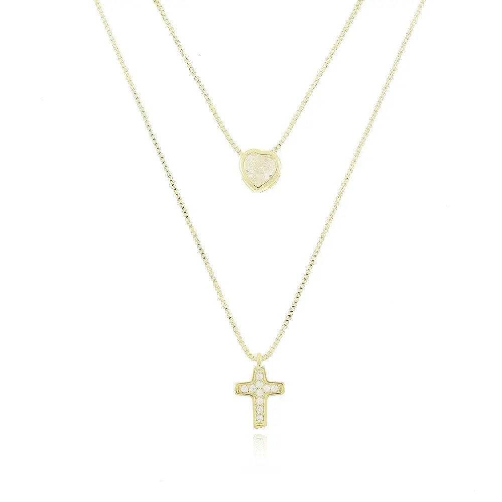 18k Gold Plated Double Heart and Cross Necklace Set - Tamis Jewellery Ireland