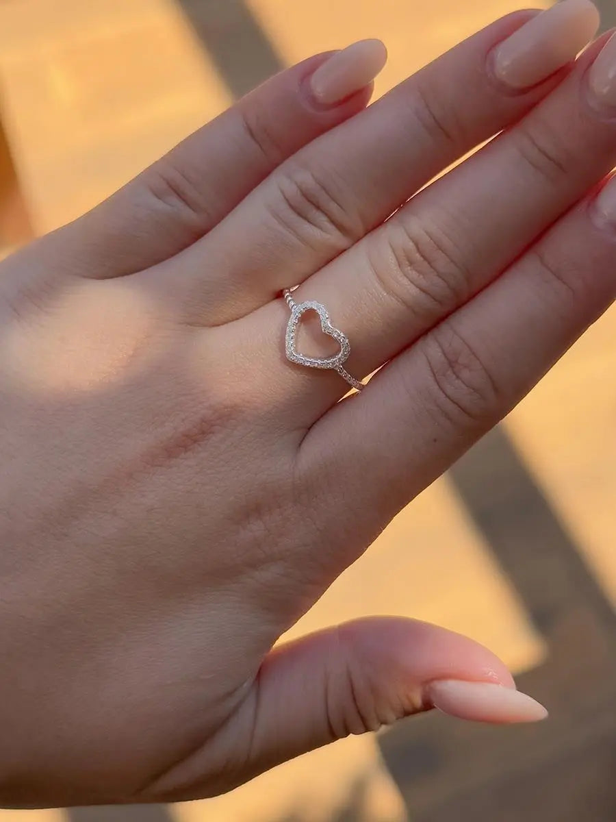 925k Silver Hollow Heart Studded Ring - Tamis Jewellery Ireland