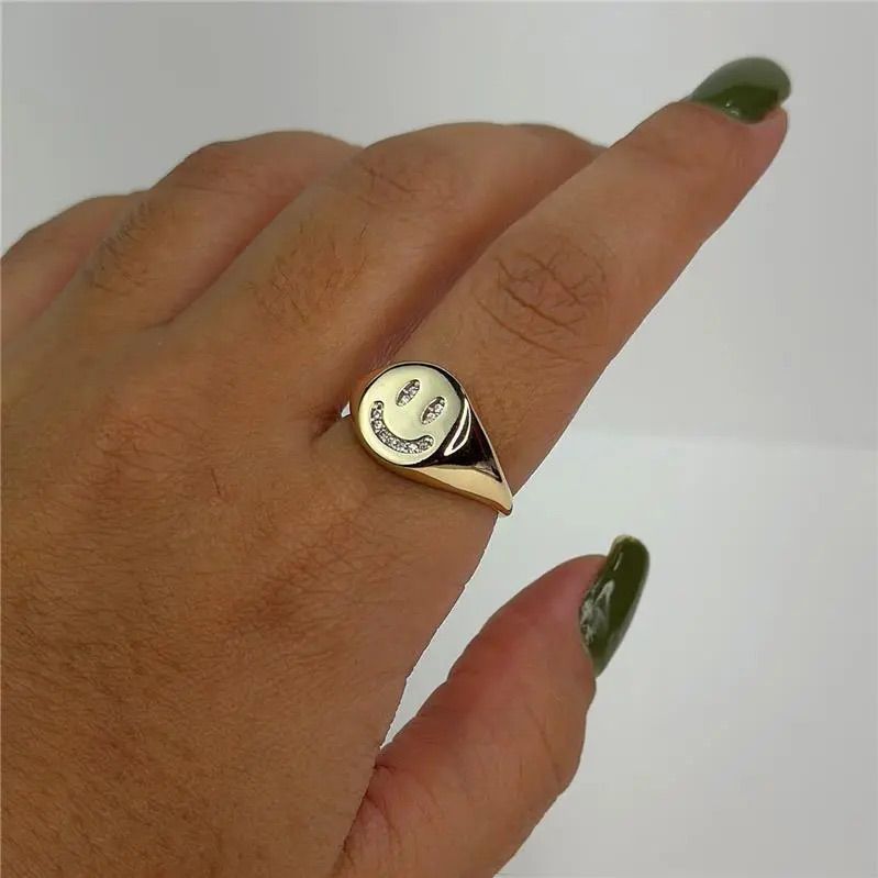 Adjustable Golden Smiley Face Signet Ring
