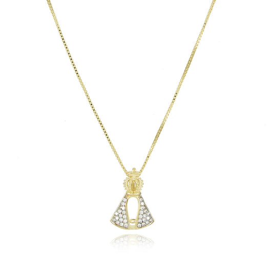 18K Gold-Plated Our Lady Aparecida Crystal Pave Necklace with Rhodium (45cm + 5cm)