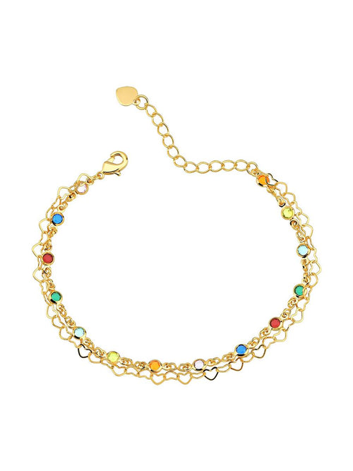 Gold double chain bracelet with hearts and colorful zirconia - Tamis Dublin