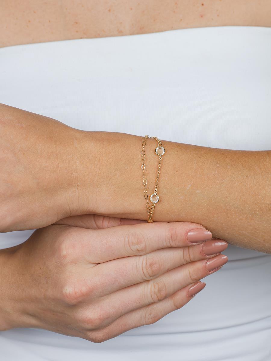 Gold double chain bracelet with heart charms and zirconia - Tamis Dublin