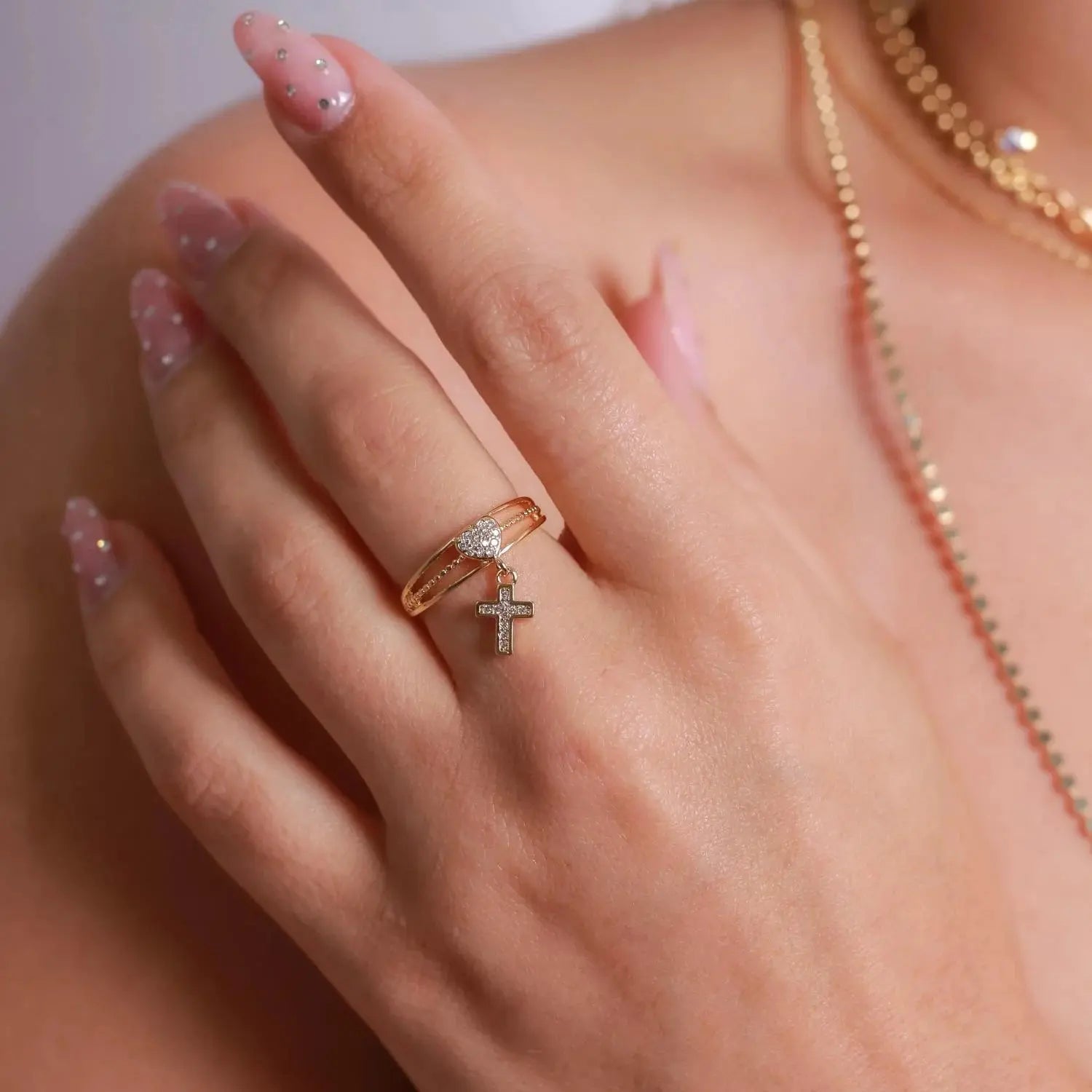 Tamis Jewellery 18k Gold Plated Studded Ring Heart And Cross Ireland - Tamis Jewellery Ireland