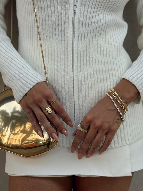 Delicate Pai Nosso ring layered with minimalist bands – Brazilian jewelry in Ireland