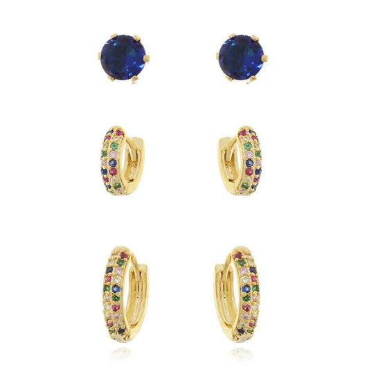 18K Gold-Plated Triple of Hoop Earrings with Blue Zirconia Stud