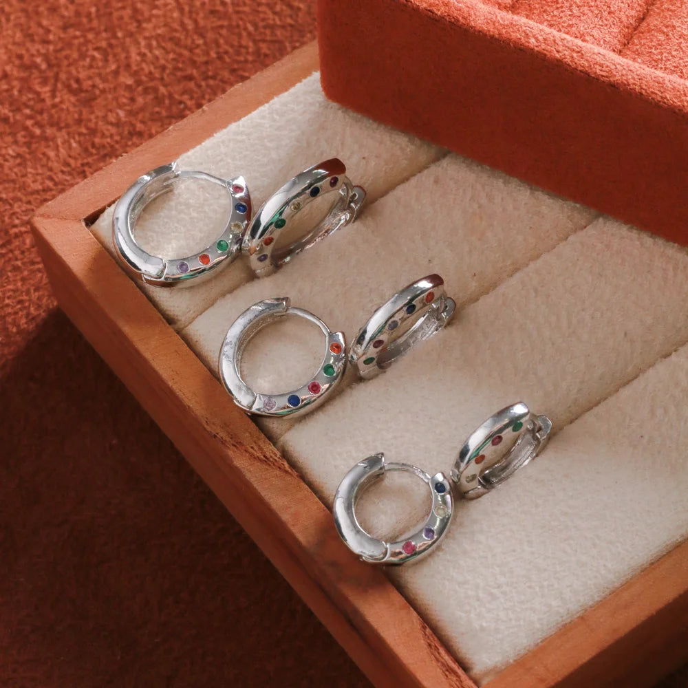 White Rhodium-Plated Triple of Hinged Hoop Earrings with Multicolored Zirconia