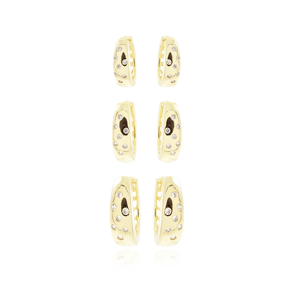 18K Gold-Plated Triple of Hinged Hoop Earrings with Crystal Zirconia