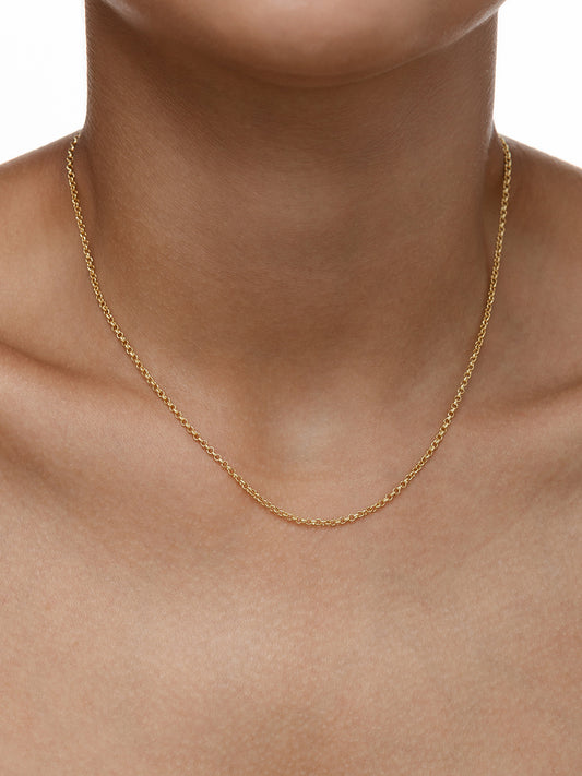 18k Gold Plated Delicate Portuguese Link Necklace elegantly showcased on a model's neck